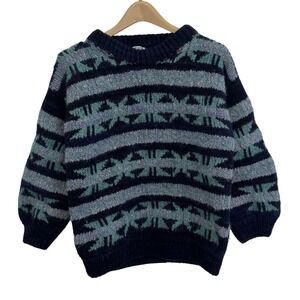 Hand Knit Wool Sweater Geometric Pattern Navy‎ Blue Teal Gray Pullover